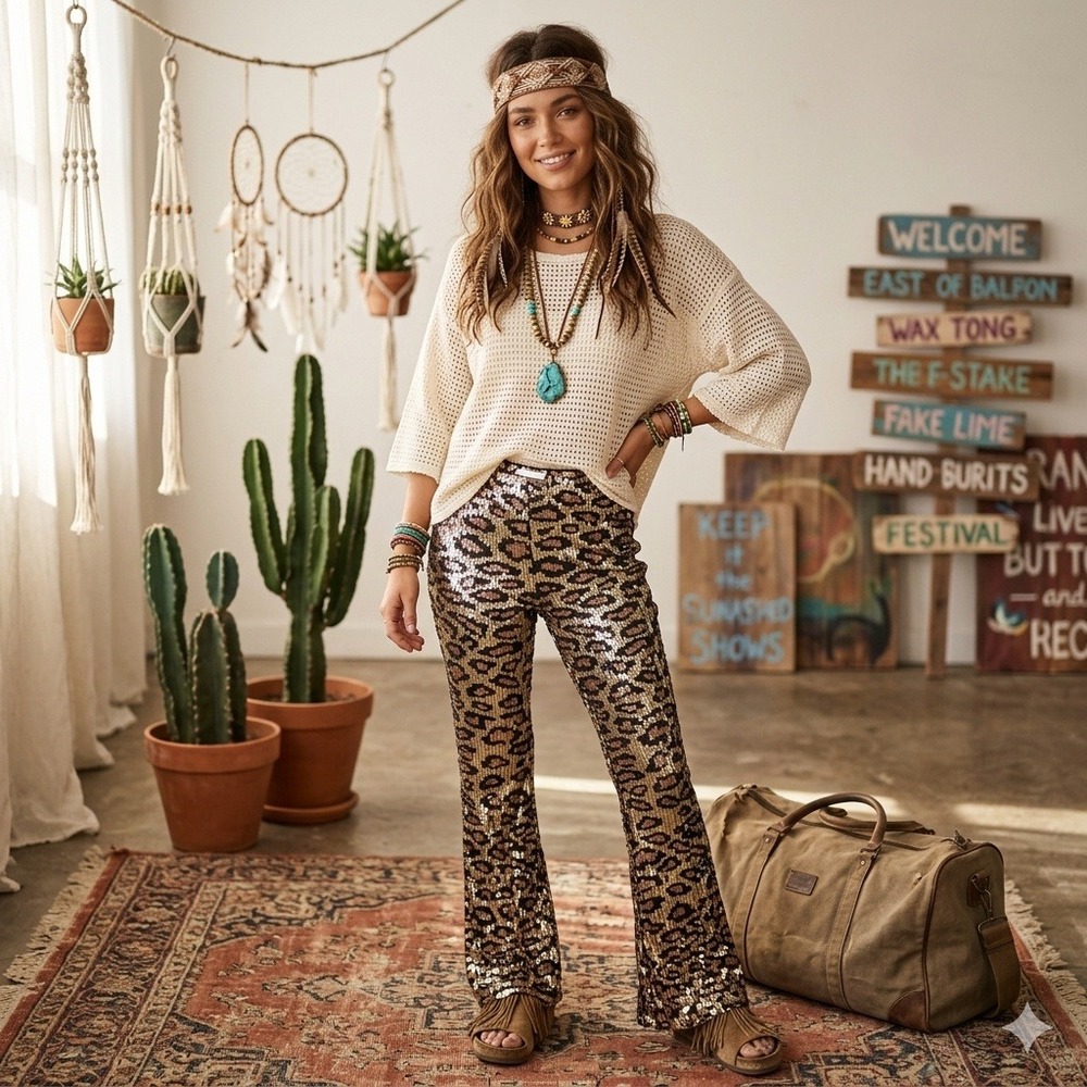 NWT 70s Festival Show Me Your Mumu Gretta Flare Pants Party Cheetah Sequin Sz. S